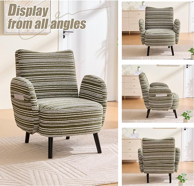 Modern Upholstered Armchair with Side Storage Pocket Fabric Reading Chair with Solid Wood Legs Ergonomic Accent Chair for Living Room Bedroom &amp Office (Green)