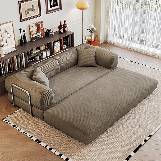 79 Convertible Sleeper Sofa Bed Modern Corduroy Floor Couch Bed with Silver Fixed-Shape Frame Modular Sofa Couch with Pull Out Bed Loveseat Sleeper Boneless Couches for Living Room Camel