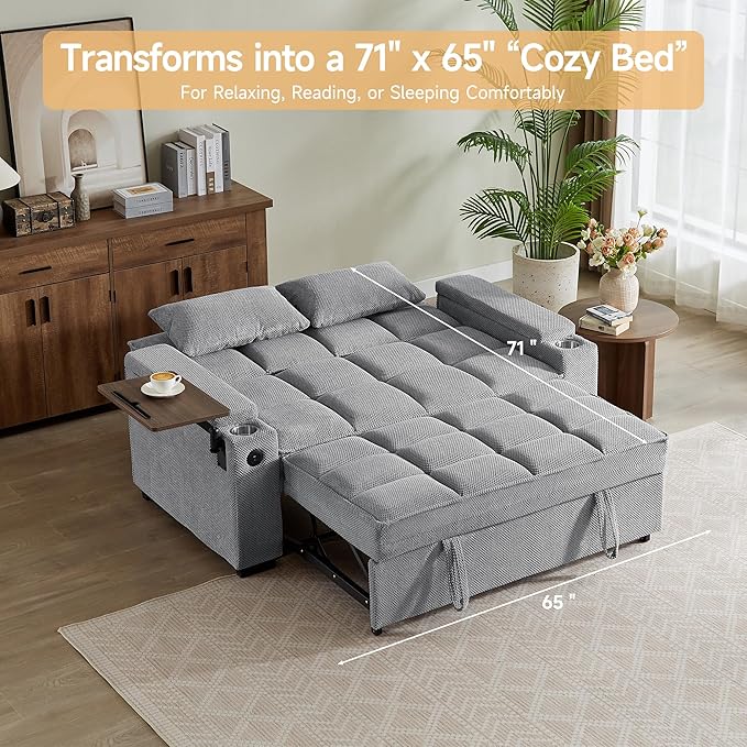 65'' Chaise Lounge Chair Indoor 3-in-1 Convertible Sofa Bed with Pull-Out Design 360° Swivel Side Table Modern Granular Velvet Couch Bed for Living Room Small Space &amp Apartment-Friendly