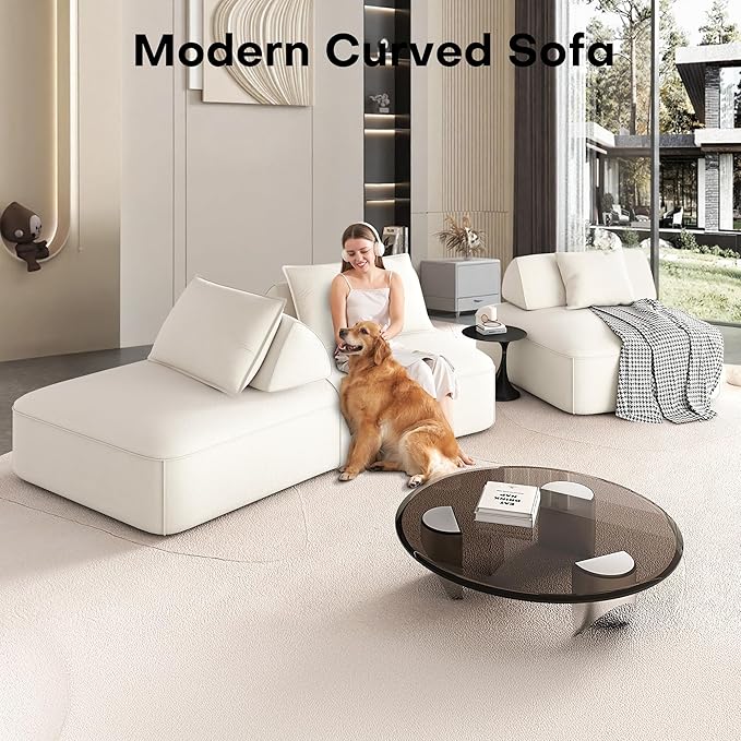 139 Modern Curved Sofa Cloud Sectional Couch with Adjustable Backrest Oversized Deep Seat Compressed Couch for Living Room Apartment No Assembly Required Chenille Fabric (Beige)