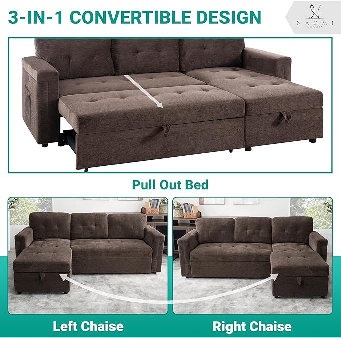Naomi Home L-Shaped Sectional Sleeper Sofa with USB Ports - Convertible Pull-Out Bed Ample Storage Timeless Design Durable Construction Espresso/Microfiber