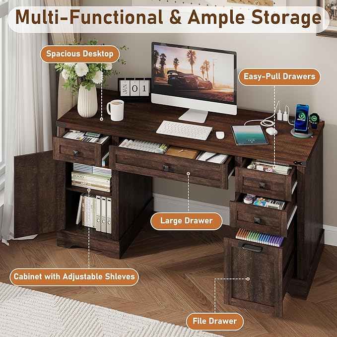 58'' Farmhouse Home Office Desk with Drawers Wooden Executive Desk with Charging Station File Drawers and Storage Cabinet Computer Desk for Work Study and Writing Brown