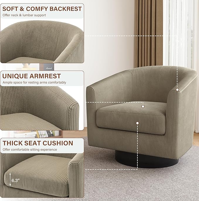 Lumibee Swivel Accent Barrel Chairs Upholstered Comfy Swivel Round Barrel Chair 360° Rotation Single Sofa Club Armchair for Living Room Reading Room Bedroom Corduroy Camel
