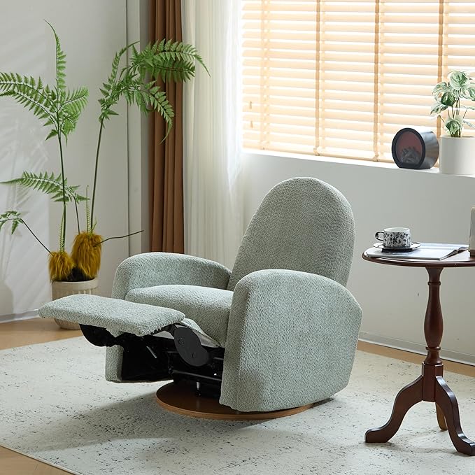 GDFStudio Swivel Glider Recliner Chair Nursery Rocker Recliner Chair with Boucle Upholstered High Back Single Seat Sofa Chair with Deep Seat Manual Nursing Reclining for Living Room Light Green