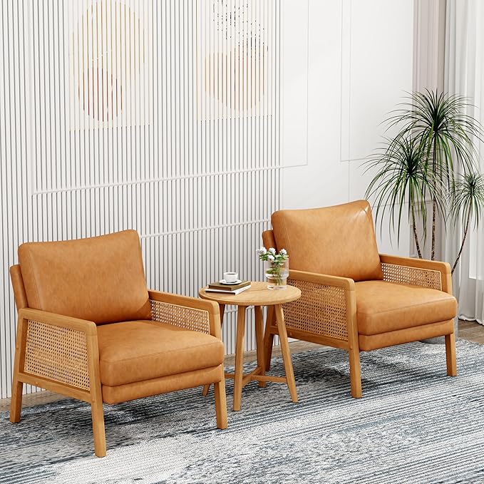 WENTMENT Faux Leather Accent Chairs Set of 2 Armchair with Natural Rattan Armrest Upholstered Living Room Chair Comfy Single Sofa Chair for Reception Room/Hosting Room/Bedroom(Brown)