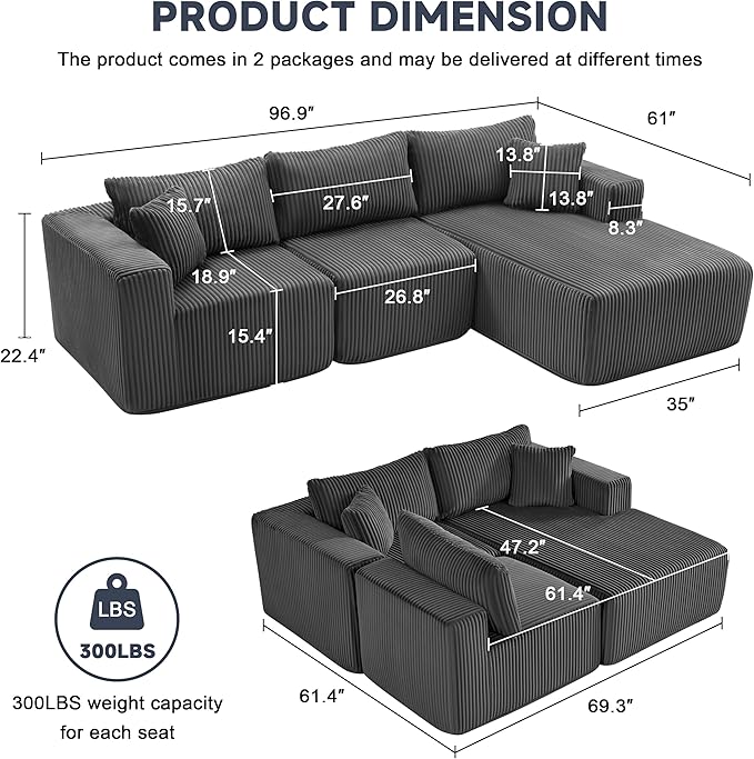97 Modular Sectional Sofa L-Shaped Boneless Couch with Deep Seat Cozy Cloud Couch Sectional with Convertible Ottoman Modern Sectional Couches for Living Room（ Grey）