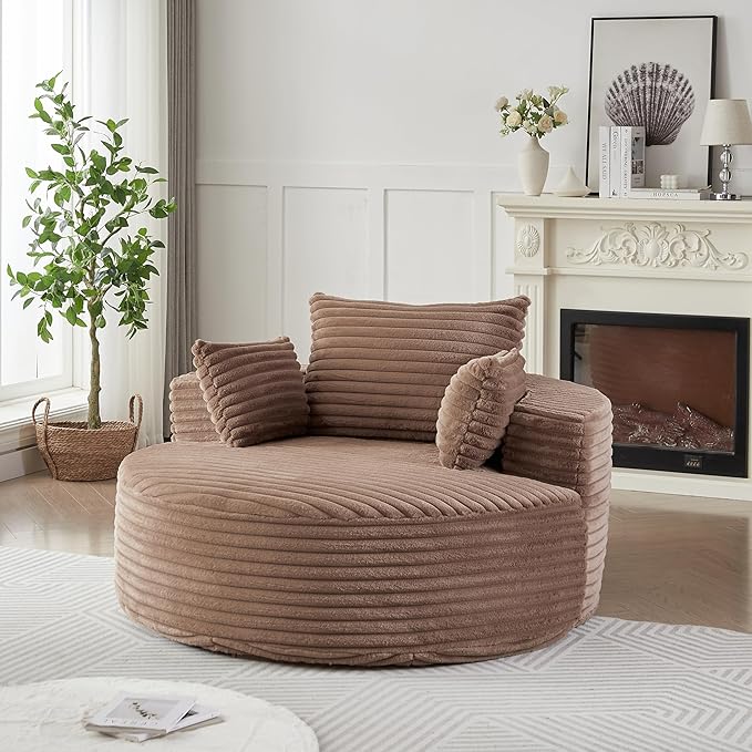 KEIKI 55 Oversized Corduroy Accent Chair Large Barrel Chairs Upholstered Round Sofa Single Couch Armchair Sleeper Chair for Living Room Lounge Brown