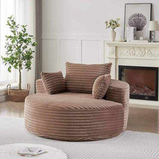 KEIKI 55 Oversized Corduroy Accent Chair Large Barrel Chairs Upholstered Round Sofa Single Couch Armchair Sleeper Chair for Living Room Lounge Brown