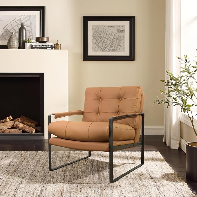 Zouron Leather Accent Chair Modern Reading Armchair Single Sofa Chair for Living Room Bedroom Reception Room Khaki Button Tufted
