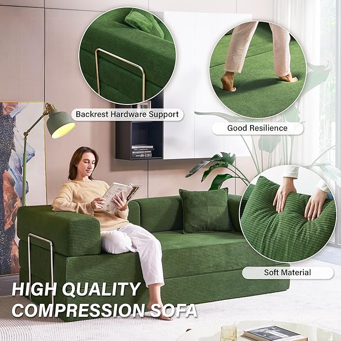 YINIX Foldable Sofa Bed 78'' Folding Floor Couch Compressed Convertable Sleeper Sofa Memory Foam Couch with Pillow Back Support Armrest 4-in-1 Futon Sofa Bed for Living Room Green