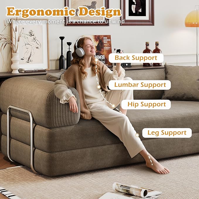78.8 Corduroy Convertible Sofa Bed with Stainless Fixed-Shape Frame 4-in-1 Boneless Loveseat with Pull-Out Bed Lounge Futon Sofa Couch Floor Mattress for Living Room No Assembly Required(Camel) |