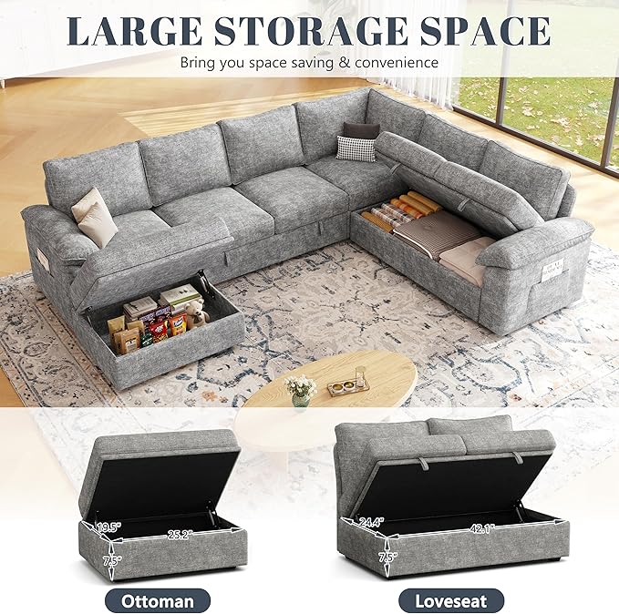 108 Inch Modular Sectional Sofa with Pull Out BedU Shaped 7 Seat Sectional Sleeper Sofa with StorageSectional Couches for Living RoomCloud Modular CouchRemovable Sofa CoverLight Gray