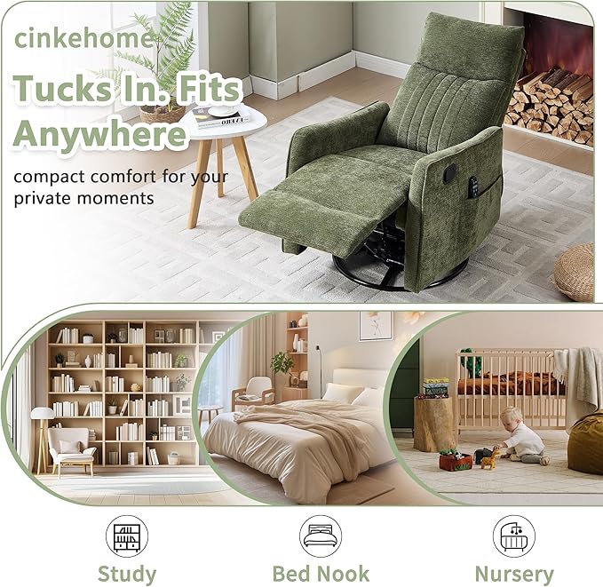 cinkehome Swivel Rocker Recliner Glider Rocking Recliner Chair for Nursery Manual Reclining Chair with Heated Massage Small Spaces Living Room Olive Green Chenille
