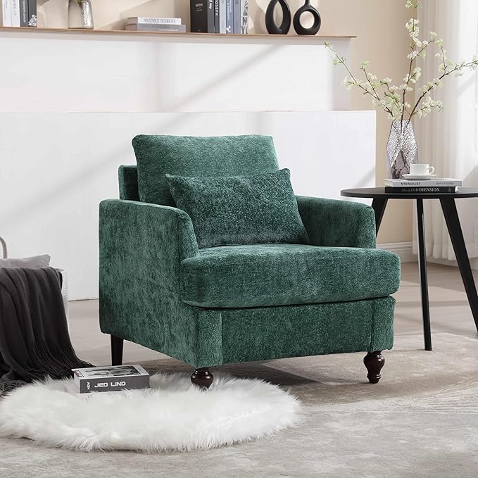 Wood Frame Armchair Modern Accent Chair Lounge Chair for Living RoomTufted Club Chair Mid Century Modern Arm Chairs with Studded Solid Wood Frame for Bedroom Reading (Emerald Chenille)