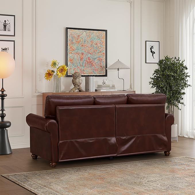 82 Faux Leather Pu Couch Underseat Storage Classic Sofa Elegance 3 Seat with Rolled Armrests Nailhead Trim Wood Legs Classic Living Room Accent Sofa 3 Seat-Burgundy