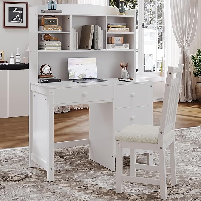 Wooden 40'' Home Office Desks with Bookshelf and Upholstered Chair Versatile Writing Desk Office Study Workstation with 4 Drawers and Storage Shelf for Office Study Room Bedrooms (White-Wood)