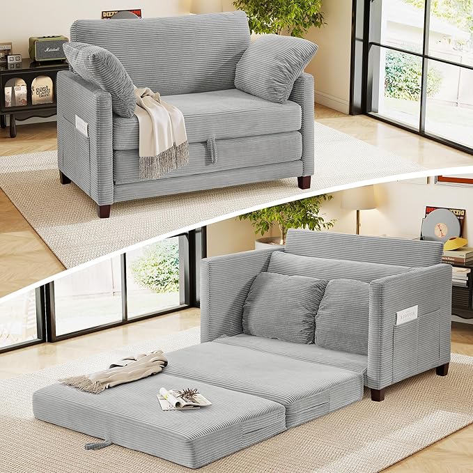 51 Loveseat Sleeper Sofa Bed Corduroy Convertible Floor Sofa Bed for Small Spaces Folding Couch Bed with Deep Seat 2 Pillows &amp Solid Frame Pull Out Floor Couch for Living Room Grey