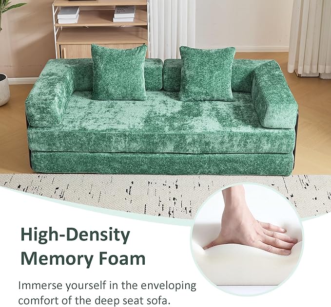 Folding Sofa Bed Modular Sectional Cloud Couch Convertible Sleeper Sofa Bed with Pillow Back Support Armrest for Living Room Bedroom Lounge No Assembly Required Chenille(Dark Green)