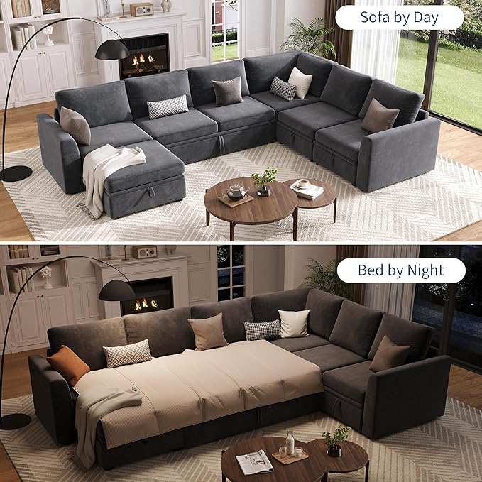 Garvee Sectional Sleeper Couch with Pull Out Sofa Bed Corduroy Modular Sectional Sofa L Shaped 5 Seat Couch with Storage Seat Sectional Couches for Living Room