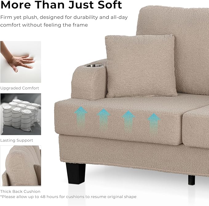 Homes: Inside + Out Reese Modern Plush Boucle Couch with Side Pockets Cup Holders and USB Ports Wooden Comfortable Sofa for Living Room Bedroom and Office Beige
