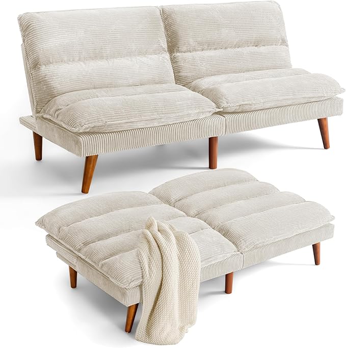 Flamaker Convertible Futon Sofa Bed Futon Couch with Adjustable Back Upholstered Sleeper Sofa Bed for Living Room Furniture (Corduroy White)