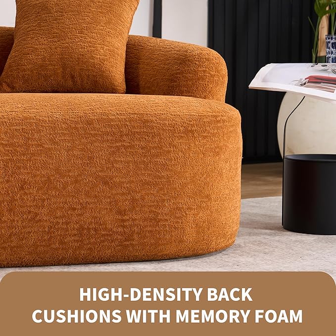 65 Curved Loveseat Sectional Sofa for Living Room Modern Plush Chenille Cloud Round Deep Seat Compressed Boneless Couch with 3 Throw Pillows for Small Apartment No Assembly Needed Orange