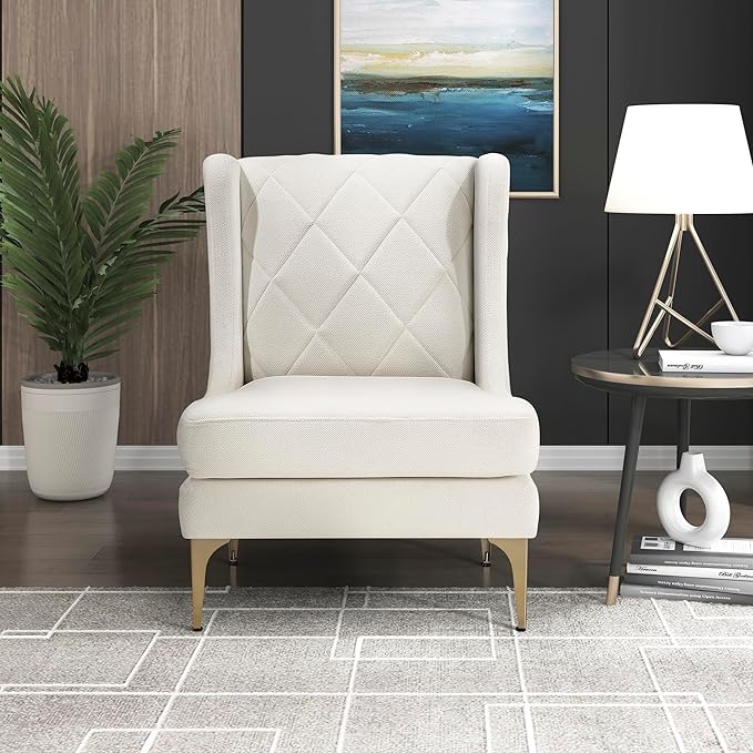Lexicon Modern Accent Chair Living Room Chenille Upholstered Single Sofa Chair with Gold Metal Legs Wing Back &amp Diamond Stitched Back Armchair for Bedroom/Office/Waiting Room Taupe