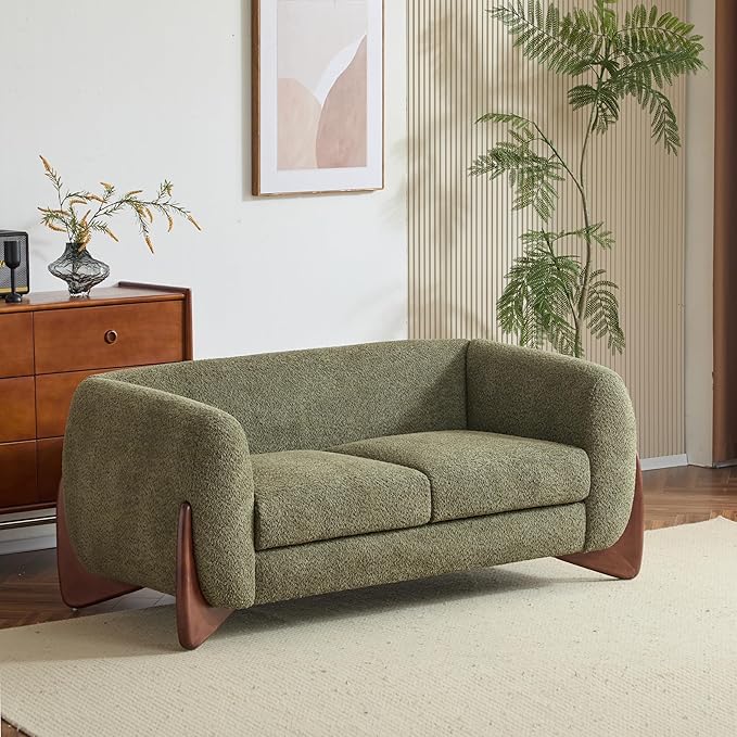Merax 63 Inch Modern Boucle Upholstered 2-Seater Sofa Chenille Fabric Loveseat with Solid Wood Legs Low Profile Small Couch for Living Room Olive Green