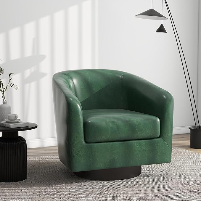 Swivel Barrel Accent Chair Modern Round Faux Leather Arm Chair for Living Room Bedroom Comfy Club Reading Chairs for Adults(Faux Leather Green Set of 2)