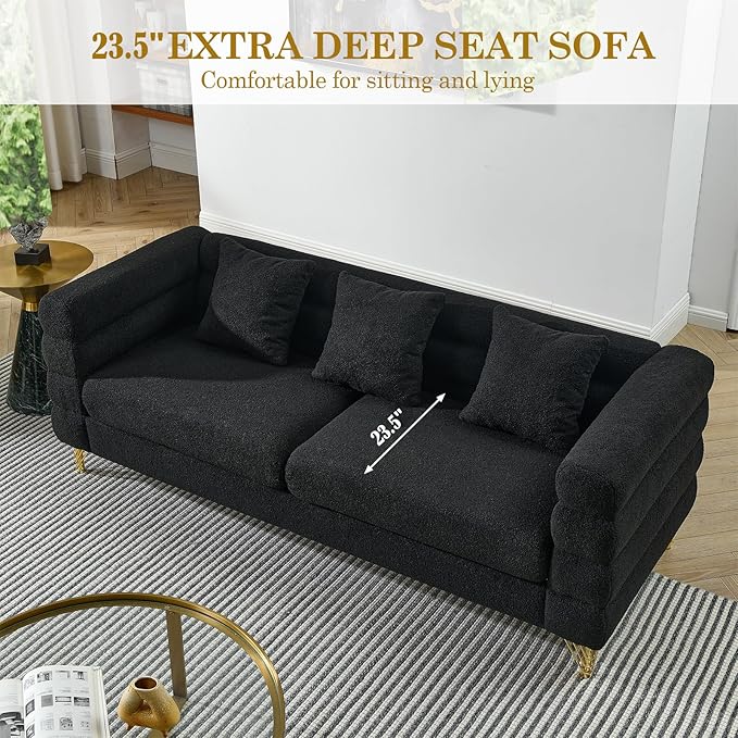 Modern Sofa Couch 81 W Teddy Bouclé Oversized Loveseat Cloud Sofa Upholstered Tufted Comfy Deep Seat Couch with Gold Legs &amp Pillows for Living Room Bedroom Office Apartment((3 Seater Black)