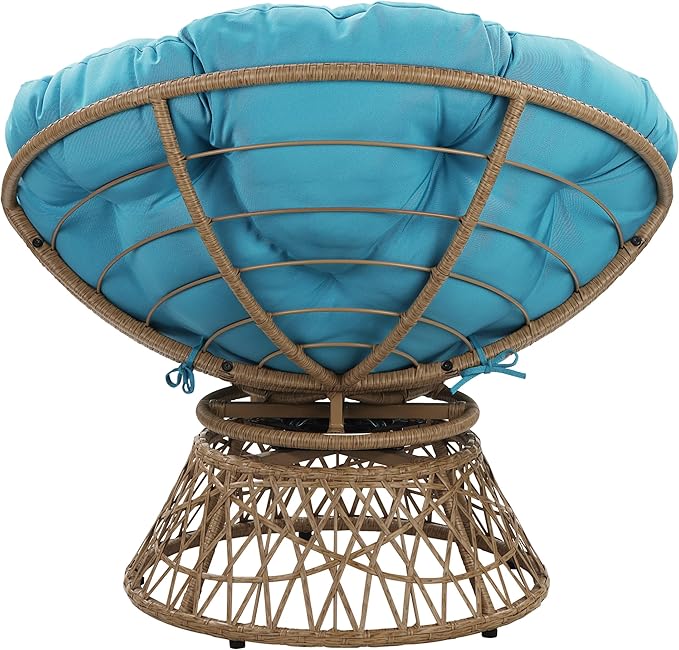 OSP Home Furnishings Wicker Papasan Chair with 360-Degree Swivel Natural Frame with Blue Cushion