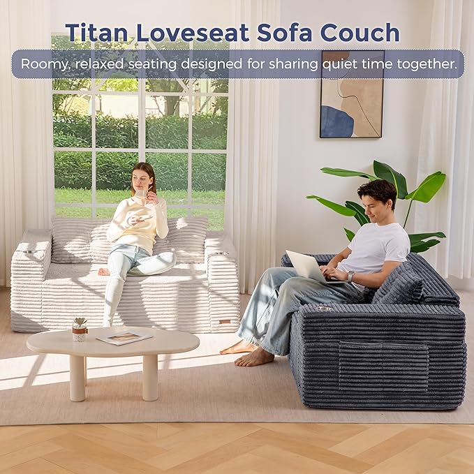 MAXYOYO 63 Boneless Loveseat Sofa Couch for Small Spaces Mini Love Seat Floor Couch with Cup Holders and Pillows 2-Seater Upholstered Cloud Couch for Bedroom Apartment No Assembly Required