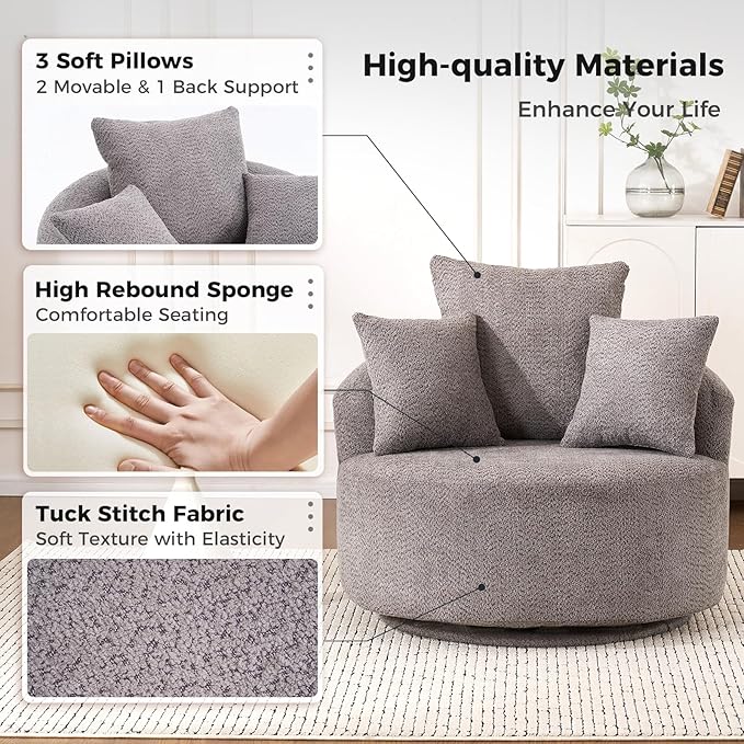 360°Swivel Accent Barrel Chair - 38.6W Boneless Oversized Upholstered with 3 Removable Pillows High-Resilience Sponge &amp Tuck Stitch Fabric Comfy Round Sofa Chair for Living Room Bedroom Apartm
