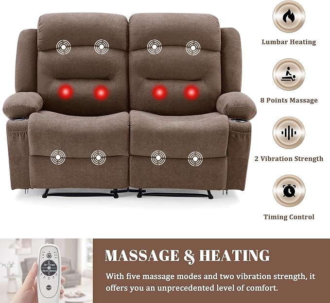 Oversized Recliner Loveseat with Heat and Massage Wall-Hugger Reclining Sofa with Cup Holders and USB Port Big Large 2-Seater Double RV Recliner Loveseat for Living Room (Fabric Brown)