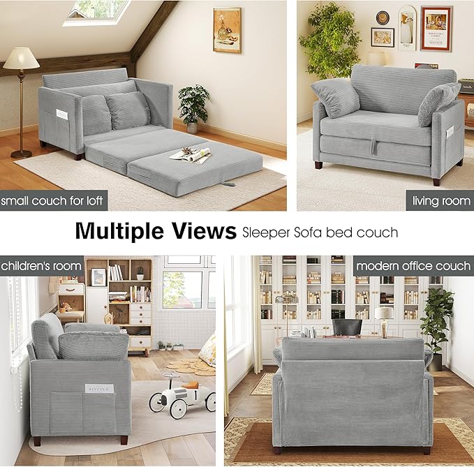 51 Loveseat Sleeper Sofa Bed Corduroy Convertible Floor Sofa Bed for Small Spaces Folding Couch Bed with Deep Seat 2 Pillows &amp Solid Frame Pull Out Floor Couch for Living Room Grey