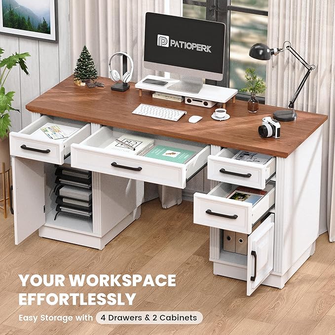 58 Farmhouse Executive Desk Wood Home Office Desk with Drawers Computer Desk with Drawers and Storage Cabinet Workstation for Office Home White