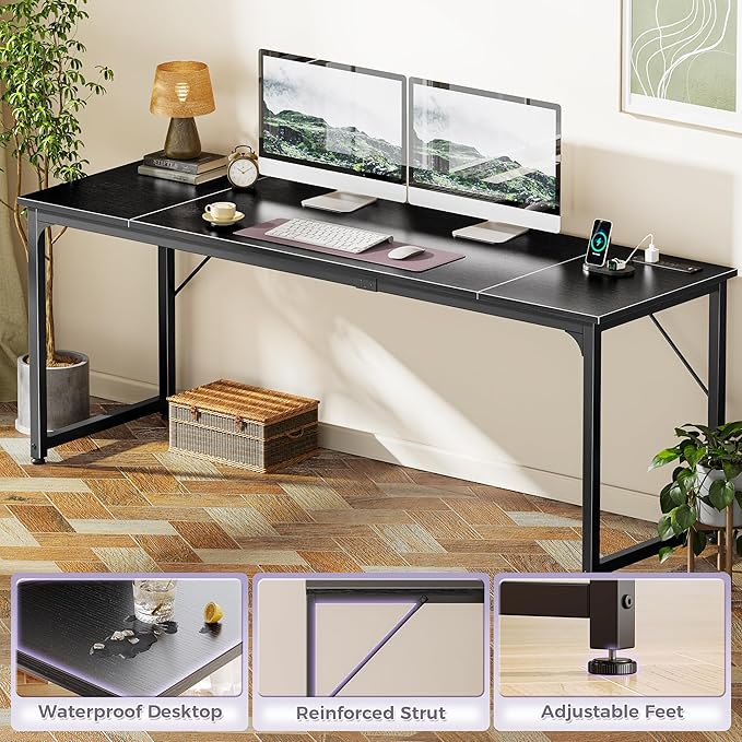 PRAISUN 80 X 24 Inch Office Computer Desk with Power Outlets and USB-C Port Larger and Longer Gaming Desk for Home Office Study Writing Work from Home Table Metal Frame Black