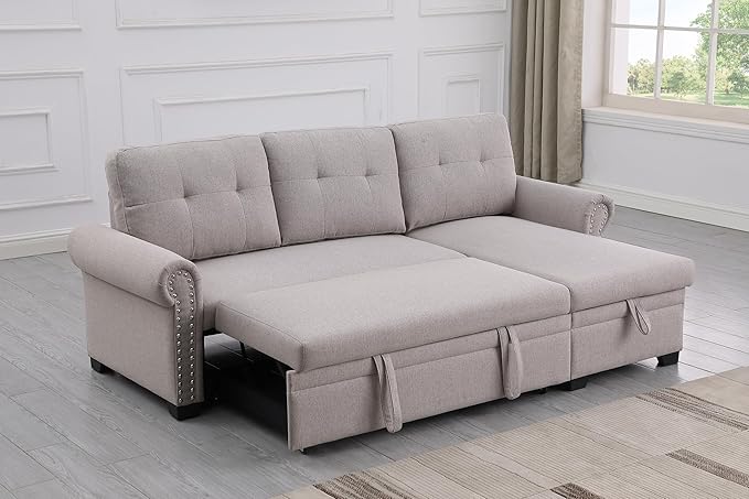 Convertible Sleeper Sofa with Pull Out Bed 3-Seat Sofa Bed Sleeper Couch with Storage Chaise Lounge for Apartment Living Room Home Office Guest Room (Light Gray Sofa Bed Couch)