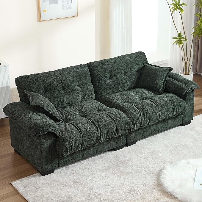 90.5 Modular Cloud Sofa 2 Seater Couch Oversized Loveseat with Armrest Pillow Comfy Tufted Couch Deep Seat Love Seats for Living Room Apartment Small Space- Green