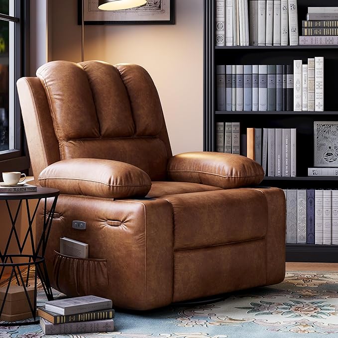 22 Wide Electric Recliner Chair for Adults Swivel Rocking Recliner with Massage &amp Heat PU Leather Lounge Chair with Remote and Cup Holders for Living Room Nursery Two-Tone Vintage