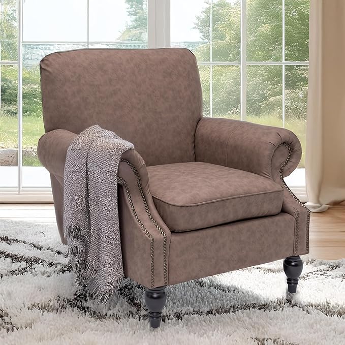 Accent Chair22.4 Seat Depth Armchair with Roll Arms36.6W*34.3D*34.6H Living Room ChairWood LegsSet of 1Faux Leather in Taupe
