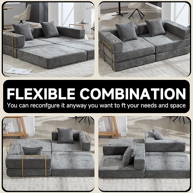 Convertible Sleeper Sofa Bed – 77'' 3-Seater Futon Couch with Corduroy Upholstery Pull-Out Floor Bed High-Density Foam No Assembly Perfect for Living Room Bedroom Apartment Studio (Grey)