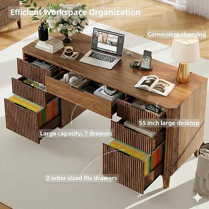 Walnut Desk with Drawers 55 Fluted Executive Desk with Storage Cabinet Wood Home Office Desk with File Cabinet Modern Computer Writing Desk for Study Living Room Bedroom