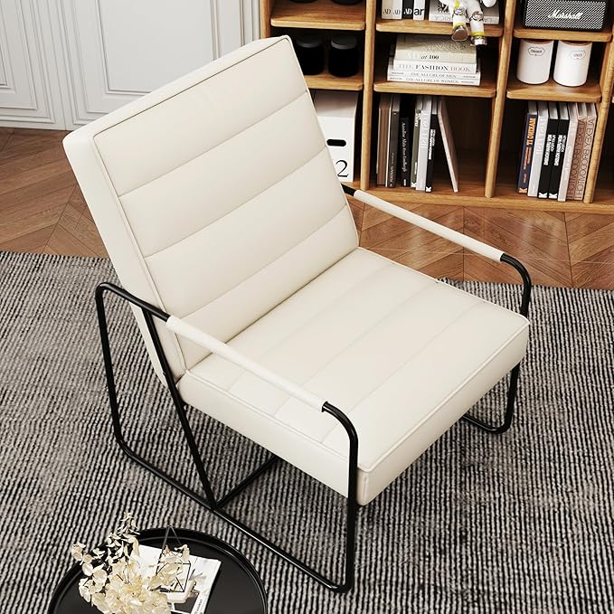 Modern Metal ed Armchair with Beige Technical Leather Stylish Comfortable Indoor Lounge Accent Chair for Living Room OfficeBedroom