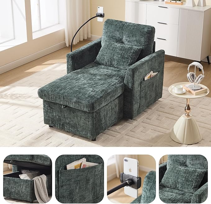 Multifunctional Recliner Sofa Chair with Storage Phone Holder &amp Adjustable Backrest Chenille Fabric Single Leisure Chair for Living Room Bedroom Small Spaces (Emerald)
