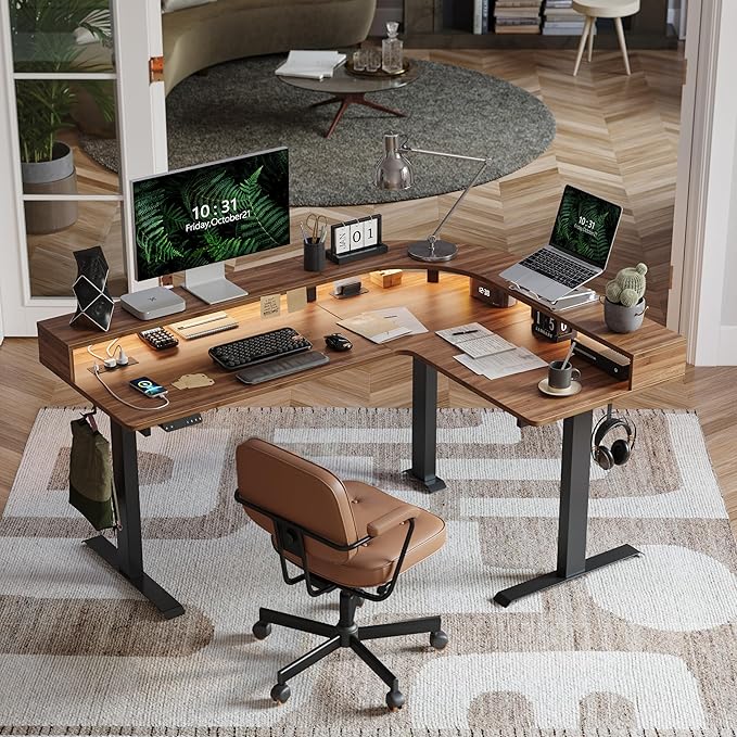 FEZIBO 63x49 L Shaped Standing Desk with Arc LED &amp Power Outlet Electric Height Adjustable L Shaped Desk with Monitor Stand for Gaming Office Black Walnut（2 Packages）