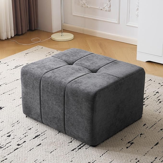 Square Stuffed Pouf OttomanChenille Poufs with Foam Chunk Filling27.9 X 16.1 Floor Poufs for SofaAccent Foot Rest Stool for Living RoomBedroomGrey