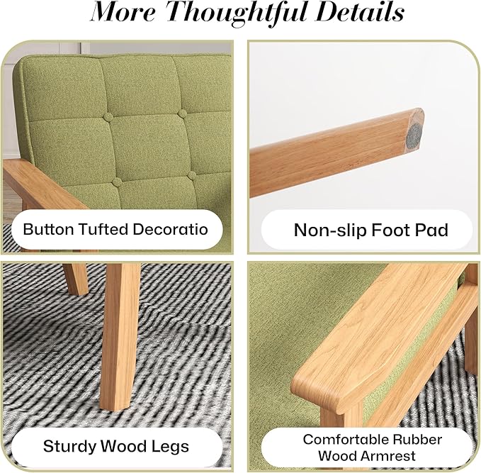 KCC Mid-Century Modern Linen Fabric Accent Chair Upholstered Tufted Leisure Chair Comfy Reading Side Chair with Armrest and Solid Wood Frame for Living Room Bedroom Balcony(Green)