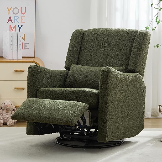 Modern Swivel Rocker Recliner Chair 29.5'' Wide Wingback Swivel Rocker Recliner Chair Linen Fabric Rocking Chair Nursery Chair for Living Room Apartment (Seaweed Green/79)