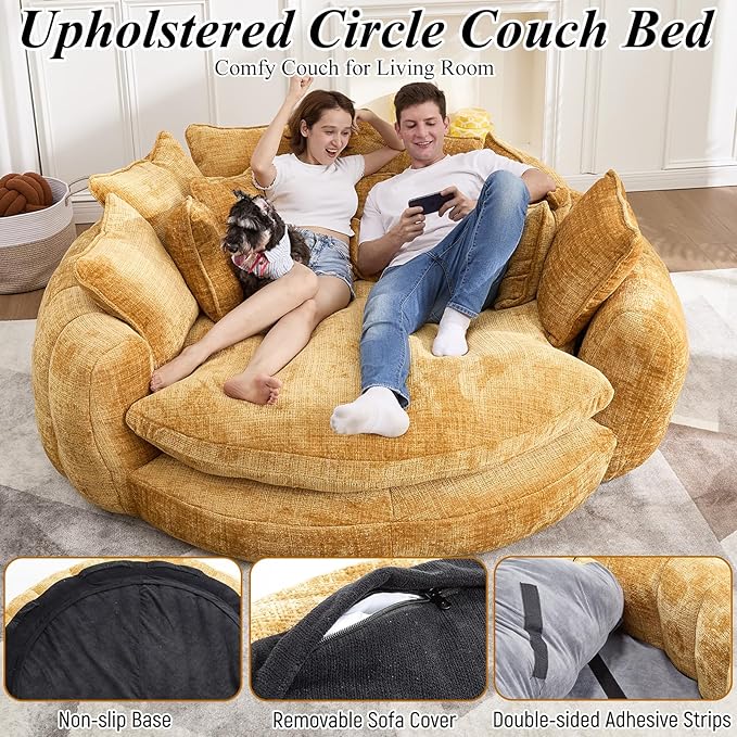 81'' Cloud Couches for Living Room Comfy Circle Round Couch Bed with 14 Pillows Upholstered Boneless Couch Oversized Chaise Lounge Chair Indoor Extra Wide Round Daybed Floor Sofa (Yellow)